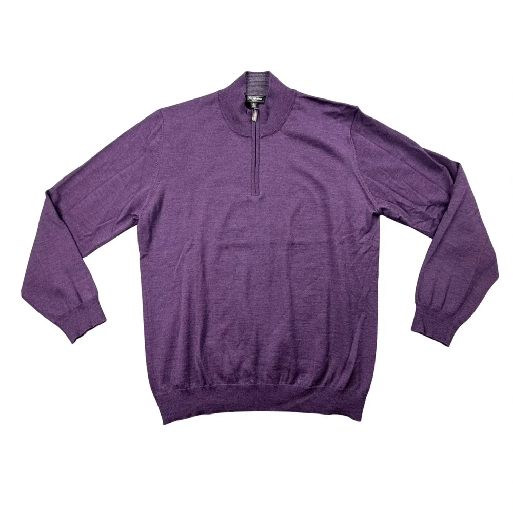 Saks Fifth Avenue Mens XL‎ 100% Merino Wool Quarter Zip Sweater Purple Italy